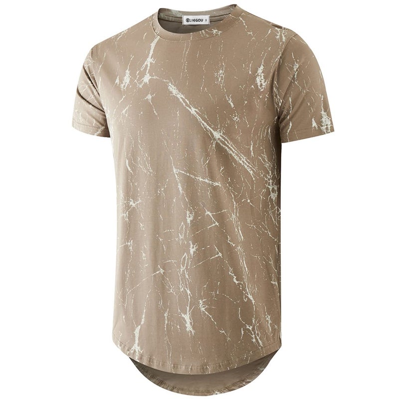 KLIEGOU Mens Hipster Hip Hop Ripped Round Hemline Pattern Print T Shirt (86SH Khaki M) - Image 1
